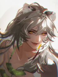  1girl absurdres ahoge animal_ears bare_shoulders bead_necklace beads chinese_commentary chromatic_aberration collarbone commentary earrings fangs grey_hair hair_between_eyes highres hoop_earrings jade_(gemstone) jewelry looking_at_viewer mismatched_earrings necklace parted_lips path_to_nowhere qingci simple_background slit_pupils smile solo upper_body white_background xiaofeng_(path_to_nowhere) yellow_eyes 