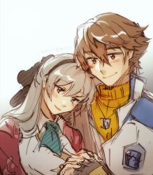  absurdres ao_no_kiseki black_hairband black_headband brown_gloves brown_hair commentary_request couple dog_tags eiyuu_densetsu elie_macdowell gloves hairband hajimari_no_kiseki headband highres holding_hands leorlontyan lloyd_bannings white_hair zero_no_kiseki 