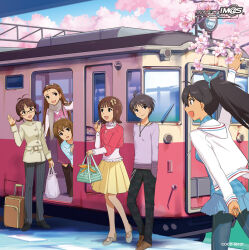  6+girls akizuki_ritsuko album_cover amami_haruka annindoufu_(oicon) antenna_hair arm_up bag black_hair black_shoes bow brown_eyes brown_hair brown_shoes camouflage camouflage_pants cherry_blossoms closed_mouth copyright_notice cover day ganaha_hibiki glasses grey_scarf hagiwara_yukiho hair_bow hand_in_pocket hand_up holding holding_bag hood hood_down hooded_jacket idolmaster idolmaster_(classic) jacket jewelry kikuchi_makoto long_hair long_sleeves minase_iori miniskirt multiple_girls multiple_hair_bows necklace official_art open_mouth outdoors pants pink_sweater_vest pinstripe_pants pinstripe_pattern pleated_skirt ponytail purple_shirt rolling_suitcase scarf shirt shoes short_hair skirt smile standing suitcase sweater_vest third-party_source train waving white_jacket yellow_skirt 