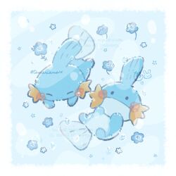  blue_background blue_eyes blush border bubble closed_mouth commentary floating flower highres mudkip no_humans pokemon pokemon_(creature) pokemon_focus temariame14 twitter_username underwater untranslatable_commentary water white_border 