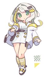  1girl a.i._voice asymmetrical_bangs bare_shoulders belt black_belt blonde_streaks braid buttons closed_mouth clothes_pull commentary contrapposto deformed double-breasted full_body green_eyes green_hair hair_ornament hairclip highres jacket jacket_pull kneehighs light_blush long_sleeves medium_hair multicolored_hair off-shoulder_shirt off_shoulder open_clothes open_jacket sakamoto_ahiru shirt shoes side_braid single_sidelock skirt socks solo standing streaked_hair tsunose_kotone white_background white_jacket white_shirt white_skirt yellow_socks 