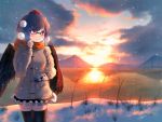  1girl alternate_costume bespectacled black_hair black_legwear casual clouds coat frills glasses hat jpeg_artifacts landscape long_sleeves mountain pom_pom_(clothes) pyonsuke0141 red-framed_glasses red_eyes scarf shameimaru_aya short_hair skirt sky smile solo string sunset thigh-highs tokin_hat touhou water wings winter_clothes zettai_ryouiki 