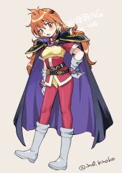  1girl bandeau black_cape boots breasts brown_hair cape commentary_request full_body gloves grey_background grey_boots grey_gloves hair_between_eyes jacket leotard lina_inverse long_hair looking_at_viewer medu_(rubish) pants pants_under_leotard red_eyes red_jacket red_pants sketch slayers small_breasts solo twitter_username watermark white_trim yellow_bandeau yellow_leotard 