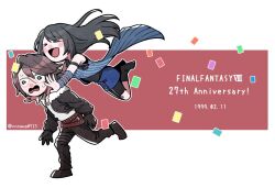  >_< 1boy 1girl :d anniversary arm_ribbon bare_shoulders belt bike_shorts bike_shorts_under_skirt black_boots black_gloves black_hair black_jacket black_pants black_ribbon black_shirt black_shorts blue_cardigan blue_skirt blue_sleeves boots border brown_belt brown_hair cardigan chibi chibi_only closed_eyes commentary_request confetti copyright_name couple cropped_jacket dated detached_sleeves final_fantasy final_fantasy_viii full_body fur-trimmed_jacket fur_trim glomp gloves hetero hug jacket long_hair multiple_belts nnnmmg0725 open_mouth outstretched_arms pants red_background ribbed_cardigan ribbed_sleeves ribbon rinoa_heartilly scar scar_on_face scar_on_forehead shirt short_hair shorts skirt sleeveless sleeveless_shirt smile squall_leonhart sweatdrop tackle twitter_username wavy_mouth white_border white_shirt wide-eyed xd 