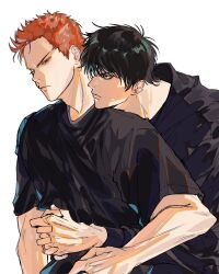  2boys adam's_apple black_hair black_hoodie black_shirt closed_mouth commentary_request highres hood hood_down hoodie hug hug_from_behind ikaooi1 looking_at_another male_focus multiple_boys own_hands_clasped own_hands_together red_hair rukawa_kaede sakuragi_hanamichi shirt short_hair simple_background slam_dunk_(series) upper_body white_background 