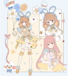  2girls ? absurdres animal_balloon ankle_bow arm_warmers balloon balloon_trip_(infinity_nikki) bare_shoulders bird blue_border blue_bow blue_hairband blue_ribbon blunt_bangs blush_stickers border bow bow_legwear brown_eyes brown_hair brown_shoes bubble_skirt chibi chinese_commentary closed_mouth commentary_request confetti cropped_legs dot_nose dress dress_bow dress_under_skirt duck eyelashes flat_color flower flower_balloon frilled_arm_warmers frilled_dress frilled_thighhighs frills full_body hair_ribbon hairband heart highres holding holding_balloon holding_stuffed_toy infinity_nikki light_blush loafers long_hair looking_at_viewer low_twintails miniskirt multicolored_bow multiple_girls multiple_views neck_ribbon nikki_(nikki) nikki_(series) open_mouth orange_bow orange_flower outside_border paw_print pink_hair pleated_skirt pom_pom_(clothes) rainbow_bow ribbon shoes short_dress showgirl_skirt skirt sleeveless sleeveless_dress smile speech_bubble spoken_heart spoken_question_mark stuffed_animal stuffed_toy swept_bangs tareme teddy_bear thigh-highs thought_bubble twintails very_long_hair wavy_hair white_arm_warmers white_dress xiaobaodebao10722 yellow_background yellow_flower yellow_ribbon yellow_skirt yellow_thighhighs 