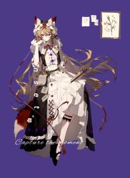  absurdres animal_ear_fluff animal_ears apron belt black_shoes brown_belt brown_hair brown_ribbon closed_mouth dress expressionless flower fox_ears fox_girl fox_tail full_body hair_flower hair_ornament highres holding letter long_hair looking_at_viewer original paper picture_frame purple_background red_eyes ribbon shen_a_fang shoes sidelocks skirt tail veil white_apron white_skirt white_veil 
