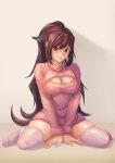 1girl absurdres breasts brown_hair cleavage cleavage_cutout highres long_hair open-chest_sweater original ponytail rebe11 red_eyes ribbed_sweater sitting solo sweater thigh-highs turtleneck wariza zettai_ryouiki 