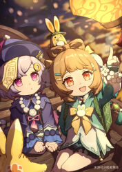  2girls :d absurdres artist_name bead_necklace beads bow-shaped_hair braid brown_eyes brown_hair child chinese_commentary coin_hair_ornament commentary_request dress genshin_impact guagua_guodong hair_ornament hat highres index_finger_raised jewelry jiangshi lantern long_sleeves looking_at_viewer miyoushe_watermark multiple_girls necklace ofuda open_mouth paper_lantern pointing pointing_up purple_hair qingdai_guanmao qiqi_(genshin_impact) short_hair sitting sky_lantern smile tassel violet_eyes watermark yaoyao_(genshin_impact) yaoyao_(rainlit_bamboo_reverie)_(genshin_impact) yuegui_(genshin_impact) 