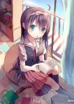  1girl ahoge book brown_hair green_eyes kneehighs long_hair mouth_hold opopowa pencil reading sitting_on_object solo 