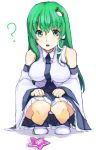  1girl ? detached_sleeves frog frog_hair_ornament green_eyes green_hair hair_ornament hichiko kochiya_sanae long_hair open_mouth panties pantyshot power-up snake snake_hair_ornament solo squatting star touhou underwear 