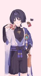  1boy 624_itumo arm_at_side armor bag belt black_belt black_bodysuit black_bow black_bridal_gauntlets black_cat black_hair black_shorts blue_gem blunt_ends bodysuit bow bridal_gauntlets bright_pupils candy cape cat chocolate chocolate_bar choppy_bangs clothing_cutout commentary_request cowboy_shot eyeliner feathers food furisode gem genshin_impact gold gold_ring hakama hakama_shorts hand_up heart heart-shaped_chocolate heart-shaped_food highres hip_vent holding holding_chocolate holding_food japanese_armor japanese_clothes juban kimono kote kurokote looking_at_food makeup male_focus mandarin_collar middle_ring open_clothes open_kimono paper_bag parted_lips pink_background pleated_shorts pom_pom_(clothes) purple_cape purple_kimono purple_rope purple_sash red_eyeliner rope sash scaramouche_(cat)_(genshin_impact) scaramouche_(genshin_impact) shorts shoulder_peek solo tassel tsurime violet_eyes wanderer_(genshin_impact) white_kimono white_mouth white_pupils yellow_feathers 