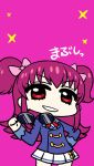  1girl aikatsu! chan_co chibi minowa_hikari pink_background pink_hair red_eyes solo sparkle sunglasses sunglasses_removed translation_request two_side_up 