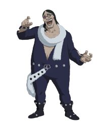  1boy absurdres baro_(black_clover) black_boots black_clover black_clover_m:_rise_of_the_wizard_king black_hair blue_bodysuit bodysuit boots fat full_body glasses green_eyes highres incredibly_absurdres looking_at_viewer non-web_source official_art open_mouth scarf simple_background teeth transparent_background white_scarf 