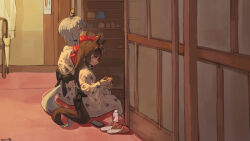  2girls animal_ears bath_yukata blue_eyes blue_hair bow braid brown_hair cellphone commentary_request daiichi_ruby_(umamusume) drill_hair drill_sidelocks ear_covers ear_flower food grey_kimono hair_between_eyes hair_bow hair_ornament highres holding holding_food horse_ears horse_girl horse_tail japanese_clothes k.s.miracle_(umamusume) kimono long_hair long_sleeves multiple_girls phone red_bow saramiao-chan short_hair side_drill sidelocks sitting slippers smartphone strawberry_milk tail twin_drills umamusume violet_eyes yukata 