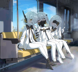  3girls bandaged_arm bandages blindfold blue_archive blush bolt_(hardware) colored_skin commentary_request doll_joints dress ein_(blue_archive) extra_eyes headphones high_heels highres joints kokukyukeo long_hair mask mouth_mask multiple_girls no_pants ohr_(blue_archive) open_mouth pale_skin short_hair sitting sof_(blue_archive) symbol-shaped_pupils train train_interior twintails white_hair white_skin yellow_eyes 