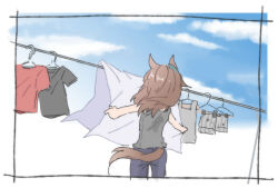  1girl animal_ears beanie beer_hsk black_shirt blue_pants blue_sky brown_hair clothes_hanger clouds commentary_request day from_behind grey_hat grey_tank_top hat horse_ears horse_girl horse_tail long_hair nakayama_festa_(umamusume) outdoors pants red_shirt shirt short_sleeves sky solo striped_clothes striped_headwear tail tank_top umamusume unworn_hat unworn_headwear vertical-striped_clothes vertical-striped_headwear 