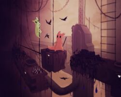  animal batfly_(rain_world) climbing colored_skin creature creature_focus highres holding holding_polearm holding_weapon industrial jejejunum ladder machine pink_skin polearm rain_world slugcat solid_oval_eyes weapon yellow_skin 