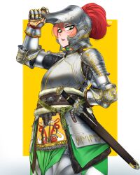  1girl absurdres arm_behind_back armor armored_skirt belt border brown_belt chainmail couter cuirass gauntlets green_eyes green_skirt grey_armor helm helmet highres knight looking_at_viewer nadsaeng open_mouth original pauldrons pink_hair rerebrace scabbard sheath sheathed shoulder_armor simple_background skirt solo sword upper_body vambraces visor_(armor) visor_lift weapon white_border yellow_background 