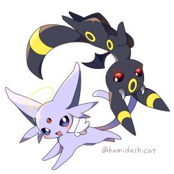  angel_wings animal_focus blue_eyes blush commentary_request demon_horns demon_wings espeon halo hamidashicat horns no_humans open_mouth pokemon pokemon_(creature) pokemon_focus red_eyes smile twitter umbreon wings 