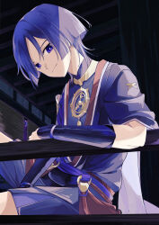  1boy absurdres against_railing arm_at_side armor black_bodysuit blunt_ends bodysuit bright_pupils closed_mouth commentary_request furisode genshin_impact gold hair_between_eyes hand_between_thighs head_tilt highres indoors iwoarazumi129 japanese_armor japanese_clothes jewelry juban kimono kote kurokote layered_shorts looking_at_viewer male_focus mandarin_collar mitsudomoe_(shape) neck_ring o-ring open_clothes open_kimono pillar purple_hair purple_kimono purple_sash purple_shorts purple_sleeves railing red_kimono red_sash sash scaramouche_(genshin_impact) short_sleeves shorts single_sode sitting smile solo tomoe_(symbol) tsurime violet_eyes white_kimono white_pupils white_trim window_blinds wooden_ceiling 