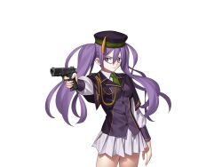  1girl aiguillette aiming atlas_academy_uniform capelet cowboy_shot fate/grand_order fate_(series) game_cg glasses green_necktie gun handgun hat hat_tassel holding holding_gun holding_weapon long_hair long_sleeves looking_at_viewer necktie official_art purple_hair purple_hat purple_vest shirt sion_eltnam_(type-moon) sion_eltnam_sokaris skirt solo takeuchi_takashi third-party_source transparent_background twintails vest violet_eyes weapon white_shirt white_skirt 