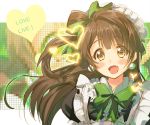  1girl apron blush bow brown_eyes brown_hair copyright_name earrings frills hair_bow heart heart-shaped_pupils jewelry long_hair looking_at_viewer love_live!_school_idol_project maid maid_headdress minami_kotori open_mouth side_ponytail skirt smile solo symbol-shaped_pupils yo_yuma 