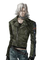  1boy absurdres bandana bandana_around_neck belt belt_buckle black_belt black_jacket blue_eyes blue_pants bokkusu98777681 buckle closed_mouth contrapposto dante_(devil_may_cry) devil_may_cry_(series) devil_may_cry_2 frown hashtag-only_commentary highres jacket leather leather_jacket long_sleeves looking_at_viewer male_focus pants parted_hair partially_unzipped simple_background solo studded_belt white_background zipper 