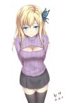  1girl 47_(479992103) aqua_eyes arms_behind_back black_legwear black_skirt blonde_hair boku_wa_tomodachi_ga_sukunai breasts cleavage cleavage_cutout dated highres kashiwazaki_sena long_hair looking_at_viewer open-chest_sweater ribbed_sweater simple_background skirt smile sweater thigh-highs turtleneck turtleneck_sweater white_background zettai_ryouiki 