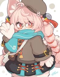  1girl :3 absurdres animal_ears animal_hands beret blue_scarf braid closed_mouth commentary_request furry furry_female glasses hand_up hat highres long_hair looking_at_viewer pink_hair rabbit_ears rabbit_girl red_eyes regain_(regain_illust) round_eyewear scarf solo twin_braids zenless_zone_zero zhao_(zenless_zone_zero) 
