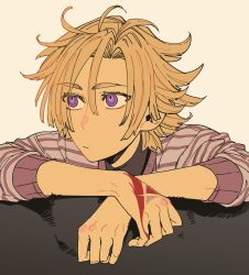  1boy brown_hair closed_mouth commentary_request daybit_sem_void fate/grand_order fate_(series) hand_tattoo highres kokujin_youhei looking_ahead male_focus ringed_eyes shirt short_hair simple_background solo striped_clothes striped_shirt tattoo upper_body violet_eyes 