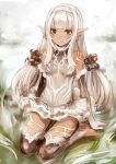  1girl bare_shoulders breasts brown_eyes dark_skin elbow_gloves gloves hairband highres long_hair looking_at_viewer original payot pointy_ears ricci sitting sketch smile solo toeless_legwear wariza white_hair 