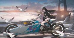  2girls arm_cutout black_hair black_jacket black_shoes black_skirt black_socks blonde_hair breasts bridge chisa_(wuthering_waves) clothing_cutout commentary_request evening headphones headphones_around_neck highres jacket long_sleeves lynae_(wuthering_waves) medium_breasts motor_vehicle motorcycle multiple_girls multiple_riders outdoors p.mume partial_commentary red_eyes revision shirt shoes skirt socks tacet_mark_(wuthering_waves) thigh_strap white_shirt wuthering_waves 