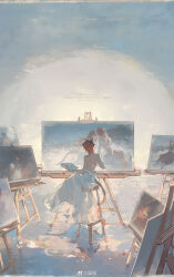 1girl absurdres animal_ears au_ra backless_dress backless_outfit bare_arms bare_shoulders border canvas_(object) cat_ears cat_girl cat_tail chinese_commentary clouds cloudy_sky commentary_request dated dawn dress easel facing_away final_fantasy final_fantasy_xiv from_behind highres holding holding_paint_palette long_dress mei_ren miqo'te on_stool original paint_palette painting_(action) painting_(object) red_hair reflection reflective_liquid short_hair sitting sky stool strapless strapless_dress tail valentine water watermark wedding_dress weibo_watermark white_border white_dress yuri 