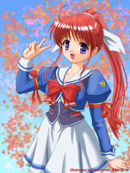  1girl ahoge amagasaki_mikoto arm_ribbon artist_name autumn_leaves bad_id black_vest blue_eyes blue_jacket bow cowboy_shot cropped_jacket dated hair_bow hand_up high_ponytail jacket juliet_sleeves leaf long_hair long_sleeves looking_at_viewer open_mouth ponytail puffy_sleeves red_bow red_hair red_ribbon ribbon sailor_collar school_uniform skirt sleeve_cuffs smile solo standing takachan tsuki_wa_higashi_ni_hi_wa_nishi_ni v vest white_bow white_sailor_collar white_skirt 