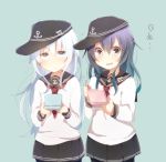  2girls akatsuki_(kantai_collection) anchor_symbol aqua_background aqua_eyes aqua_hair black_skirt blouse blush harusawa hibiki_(kantai_collection) kantai_collection long_sleeves multiple_girls neckerchief nintendo nintendo_ds open_mouth playing pleated_skirt purple_hair sailor_collar school_uniform serafuku simple_background skirt thigh-highs violet_eyes 