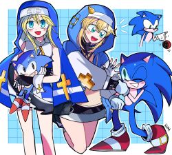 1girl 2boys androgyne_symbol animal animal_ears aqua_eyes bike_shorts black_eyes black_gloves black_nose blonde_hair blue_fur blue_jacket blue_veil blue_vest blush_stickers bridget_(guilty_gear) classic_sonic cowboy_shot cross cross_print crossover fingerless_gloves floating full_body gloves green_eyes grid_background guilty_gear guilty_gear_strive guilty_gear_xx guimpe hair_between_eyes hedgehog highres holding holding_animal hood hooded_jacket hoodie index_finger_raised jacket kumakumaoii latin_cross long_sleeves looking_at_another looking_at_object looking_at_viewer mars_symbol medium_hair messy_hair miniskirt multiple_boys multiple_views neck_ribbon nun_headdress one_eye_closed open_clothes open_hoodie open_mouth pleated_skirt red_shoes ribbon shirt shoes skirt sleeveless sleeveless_shirt smile snout sonic_(series) sonic_the_hedgehog sonic_the_hedgehog_(classic) teeth trap two-sided_veil upper_teeth_only veil vest white_gloves white_trim white_wrist_cuffs wrist_cuffs yellow_ribbon yo-yo zipper_pull_tab