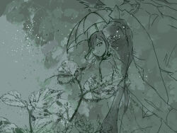  2boys checkered_clothes checkered_scarf closed_mouth coat coat_partially_removed collarbone commentary_request cowboy_shot danganronpa_(series) danganronpa_v3:_killing_harmony delidelidelic eyes_visible_through_hair facial_hair from_below goatee greyscale hair_between_eyes happy holding holding_umbrella jacket leaf light_smile long_sleeves looking_at_another looking_back momota_kaito monochrome multiple_boys oma_kokichi open_clothes open_coat open_jacket plant rain scarf shirt short_hair spiky_hair tree umbrella under_tree 