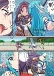  2girls asuna_(sao-alo) bare_shoulders blue_eyes blue_hair comic frown gachon_jirou long_hair multiple_girls open_mouth pointy_ears punching purple_hair red_eyes sword sword_art_online translation_request weapon yuuki_(sao) 