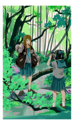  2girls absurdres aqua_bow aqua_necktie aqua_ribbon aqua_sailor_collar aqua_skirt arm_up back back_bow back_ribbon bare_legs black_hair black_jacket blush border bow brown_hair brown_shoes bush collarbone commentary crinoids day duckweed flower flower_hairband foliage forest grass green_theme hair_ornament hairclip highres holding holding_phone hydrangea jacket leaf light_blush light_smile long_sleeves looking_at_another loose_socks medium_hair medium_skirt multiple_girls nature necktie ok_sign open_mouth original outdoors parted_bangs phone pink_flower platform_shoes pocket pond puffy_sleeves reflection reflective_liquid ribbon sailor_collar scenery school_uniform serafuku shirt shoes short_hair short_sleeves sidelocks skirt smile socks standing sukajan taking_picture tree untucked_shirt water white_border white_shirt white_sleeves white_socks wide_sleeves yellow_flower 