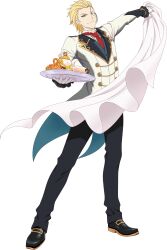  1boy artist_request black_pants black_shoes blonde_hair blue_eyes closed_mouth cup eizen_(tales) food full_body game_cg gloves highres holding holding_plate looking_at_viewer monocle necktie official_alternate_costume official_art pants plate red_necktie shoes short_hair smile solo tales_of_(series) tales_of_asteria tales_of_berseria teacup third-party_source transparent_background waiter white_gloves 