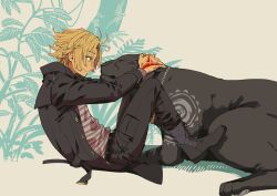  1boy animal animalization black_boots black_jacket black_panther black_pants boots brown_hair commentary_request daybit_sem_void fate/grand_order fate_(series) hand_tattoo highres jacket jewelry kokujin_youhei male_focus necklace pants shirt sitting smile striped_clothes striped_shirt tattoo tezcatlipoca_(fate) 