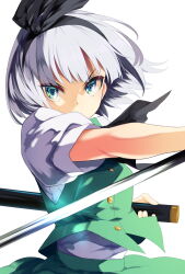  1girl black_bow black_bowtie black_hairband bow bow_hairband bowtie commentary frown green_skirt green_vest hairband highres holding holding_sword holding_weapon katana konpaku_youmu looking_at_viewer puffy_short_sleeves puffy_sleeves shirt short_hair short_sleeves simple_background skirt solo sword touhou v-shaped_eyebrows vest wakadori1234 weapon white_background white_hair white_shirt 