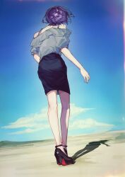  1girl absurdres bang_dream! bang_dream!_it's_mygo!!!!! black_shoes black_skirt chinese_commentary clouds commentary_request day facing_away from_behind full_body grey_shirt high_heels highres miniskirt off-shoulder_shirt off_shoulder outdoors pencil_skirt photo-referenced purple_hair shadow shirt shoe_soles shoes short_hair skirt sky solo standing wind wu_qing_573 yuutenji_nyamu 
