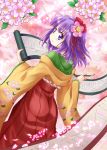  1girl cherry_blossoms floral_print flower hair_flower hair_ornament hieda_no_akyuu highres japanese_clothes kimono long_sleeves nibi purple_hair sash scroll solo touhou violet_eyes wide_sleeves 