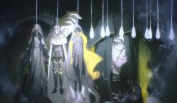  1girl 3boys armor black_armor black_cloak black_dress black_hair black_pants black_shoes black_suit black_veil boots cape chinese_commentary cloak closed_eyes cocoon commentary_request covered_face crown curtained_hair dress evernight_goddess extra_arms facial_hair fog full_body giant giant_male grin hair_over_one_eye hanging highres hood hooded_cloak klein_moretti long_hair long_sleeves lord_of_the_mysteries monocle multiple_boys mustache pants roselle_gustav shirt shoes smile spoilers standing suit tcuas the_celestial_worthy_of_heaven_and_earth two-sided_cloak two-sided_fabric veil white_cape white_shirt 