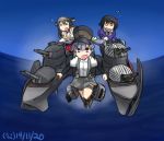  &gt;_&lt; 3girls :d arm_warmers black_hair collared_shirt dated flying_sweatdrops grey_eyes grey_hair haguro_(kantai_collection) hair_ornament hamu_koutarou haruna_(kantai_collection) hat headgear kantai_collection long_hair multiple_girls nontraditional_miko o_o ooshio_(kantai_collection) open_mouth pleated_skirt short_hair short_twintails skirt smile suspenders turret twintails zebra_print 