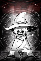  007f89_siyo 1boy :/ between_legs black_eyes black_gloves blurry blush_stickers cloak closed_mouth clothes_pin colored_skin commentary double-parted_bangs english_commentary eyepatch feet_out_of_frame gloves grey_pants greyscale_with_colored_background hair_between_eyes hand_between_legs hashtag-only_commentary hat highres in_stars_and_time male_focus messy_hair own_hands_clasped own_hands_together pants reflection ripples short_hair sidelocks siffrin_(in_stars_and_time) single_blush_sticker sitting solo sound_wave star_(sky) star_(symbol) twitter_username white_cloak white_hair white_hat white_skin wizard_hat 