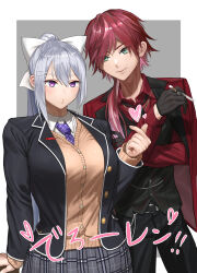  1boy 1girl black_gloves black_pants bow cigarette commentary_request finger_heart gloves green_eyes grey_hair gyaru_v hair_bow highres higuchi_kaede higuchi_kaede_(1st_costume) holding holding_cigarette ike_(pixiv87705047) lauren_iroas lauren_iroas_(4th_costume) long_hair long_sleeves mole mole_under_eye necktie nijisanji pants ponytail red_hair red_shirt school_uniform shirt v very_long_hair vest violet_eyes virtual_youtuber white_bow 