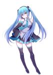  1girl aqua_eyes blue_hair boots detached_sleeves hand_on_hip harusawa hatsune_miku headset long_hair looking_at_viewer necktie open_mouth simple_background sketch skirt sleeves_past_wrists solo thigh-highs thigh_boots twintails very_long_hair vocaloid white_background 
